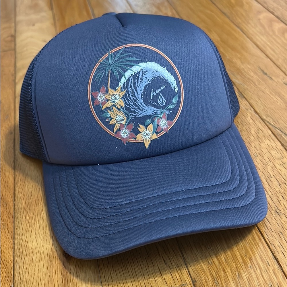 Blue Trucker Hat with Wave and Floral Design